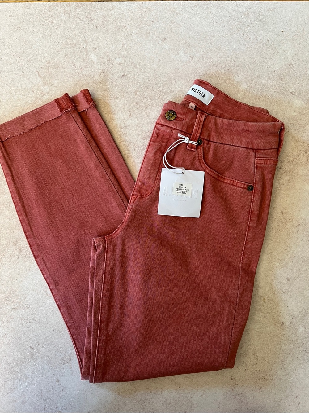 Pistola High-Rise Straight Jeans Cropped Folded Raw Hem 27x26-Rust Red NWT